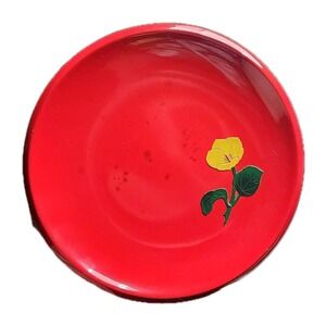 Vintage Ryukyu Lacquerware Red Plate Small Yellow Flower Okinawa Traditional